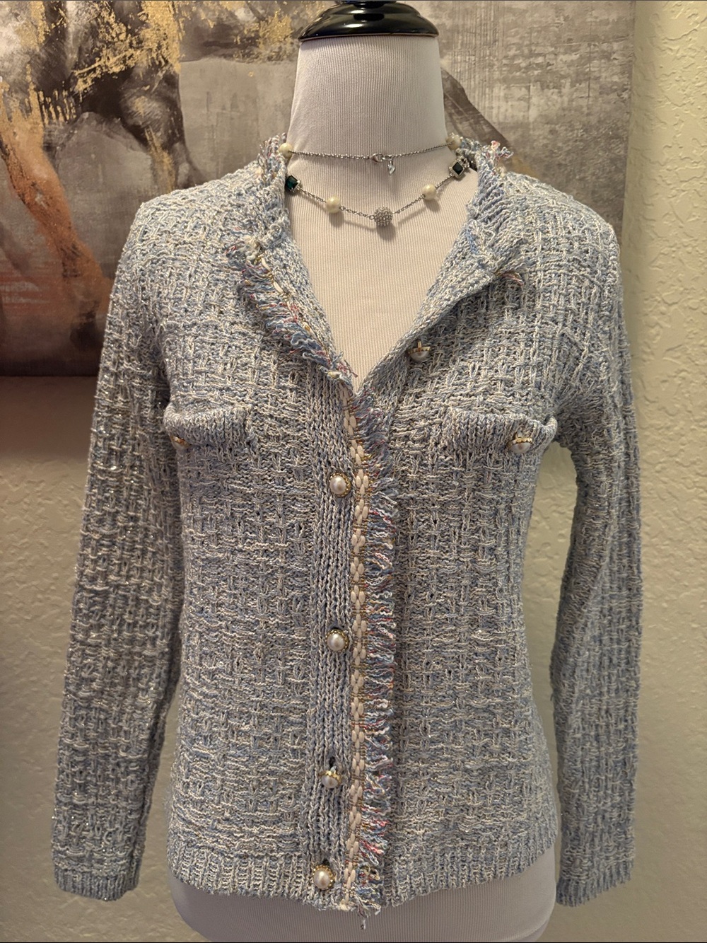 Mango Light blueTweed-Style Knit Blazer with Pearl Buttons